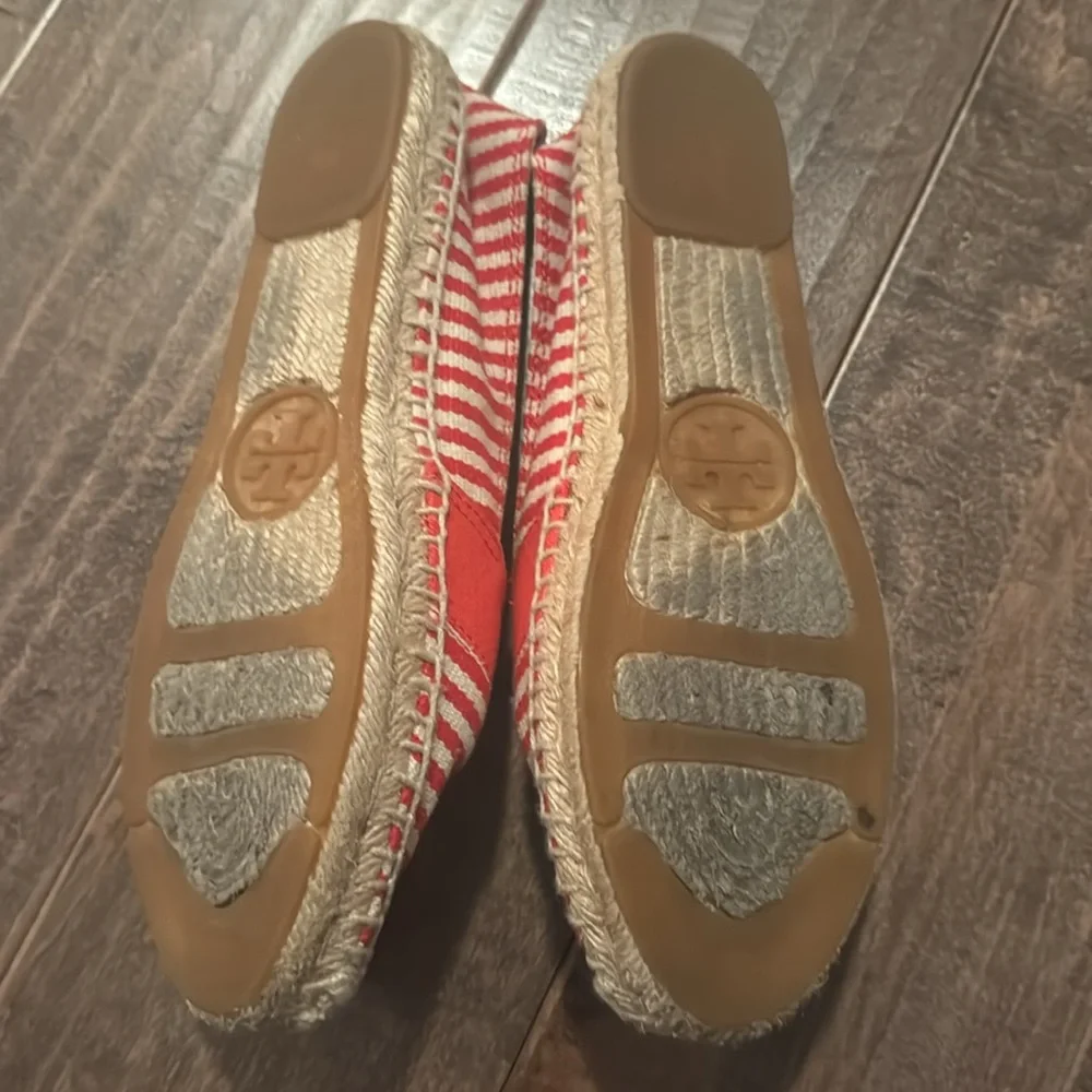 Tory Burch Striped Espadrille. Size 8. Poppy Red/Orange and Canvas.